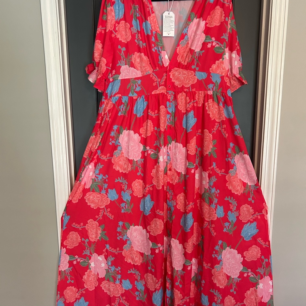 Floral Dark Pink almost Red Maxi Dress. - Picture 2 of 6